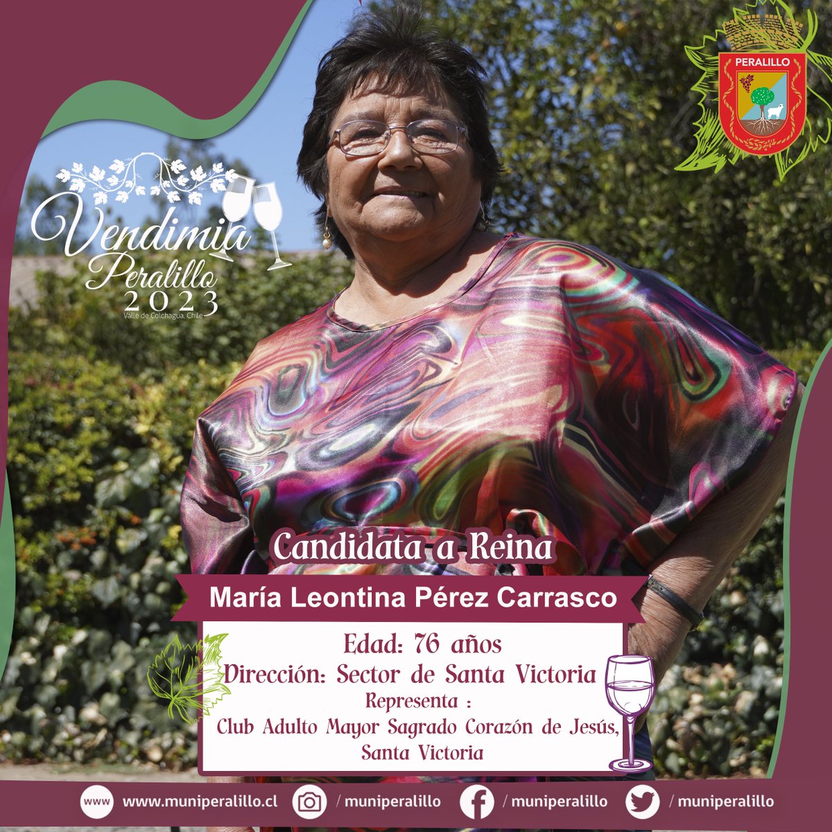 muniperalillo's tweet photo. Ilustre Municipalidad de Peralillo, dan conocer a nuestras Candidatas a Reina Vendimia Peralillo 2023.👑En esta ocasión se quiso incorporar a nuestras Mujeres Adultas Mayores, siendo algo histórico en nuestra comuna y en la Fiesta de la Vendimia.🍇👑🍷 https://t.co/5yyGZS83ht
