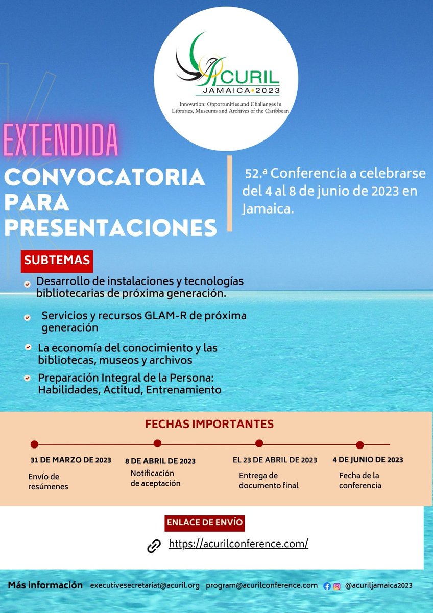 ACURIL JAMAICA (@acuriljam2023) on Twitter photo Visite acurilconference.com/index.php/main… para obtener más detalles. Si tiene alguna pregunta relacionada con la conferencia, envíe un correo electrónico a info@acurilconference.com Visite acurilconference.com/index.php/main… para obtener más detalles. Si tiene alguna pregunta relacionada con la conferencia, envíe un correo electrónico a info@acurilconference.com