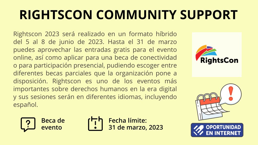 Comenzamos la semana con una #OportunidadEnInternet 📚 ✈️💻 para que puedas recibir apoyo financiero para asistir a Rightscon, sea de manera presencial que virtual. ¡Comparte entre tus contactos! 
rightscon.org/attend/#support
