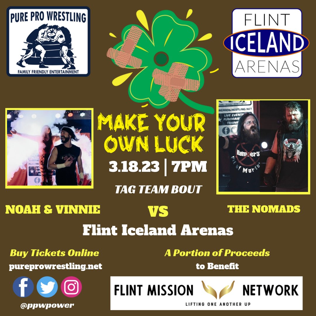 PPWPower's tweet photo. **MATCH ANNOUNCEMENT**

The Nomads VS @Vinnie_DaVinci &amp; Noah Radatz

Make Your Own Luck| March 18|@IcelandFlint 

Tix|https://t.co/2iTiercUaB

#PPW #wwe #raw #smackdown #aew #impactwrestling #ecw #mlw #nwa #roh #njpw #wrestling #michigan #puremichigan #flint @nomadsroadrash8 https://t.co/6w2XmntjLn