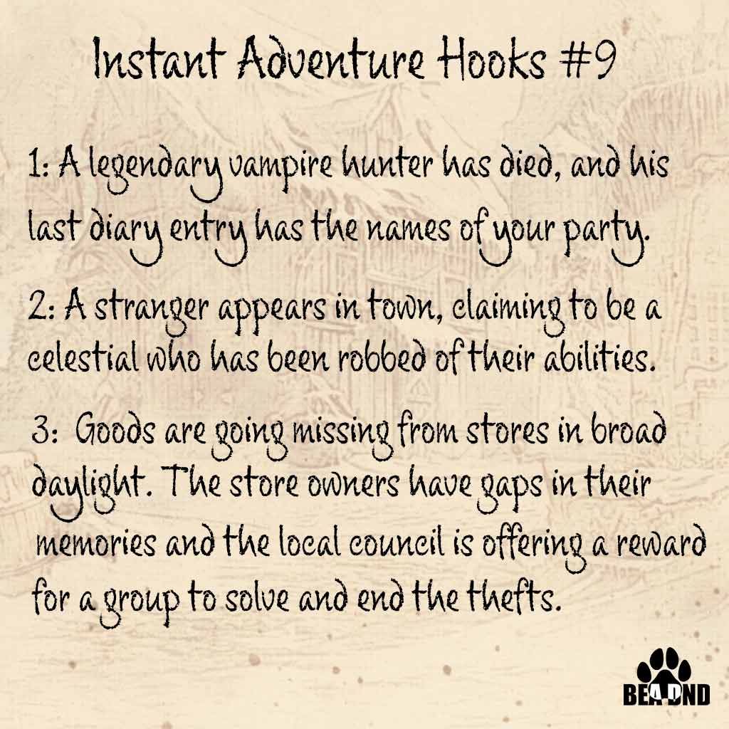 bea_dnd's tweet photo. Need a quick hook to get the party off on a mini adventure? Well, we have you covered!

From Vampire Hunters, Fallen Angels, to Oceans 11 style shenanigans it's all go! 

#BeaDnDGames #PlotHooks #DnD https://t.co/hSIZaMBY3i