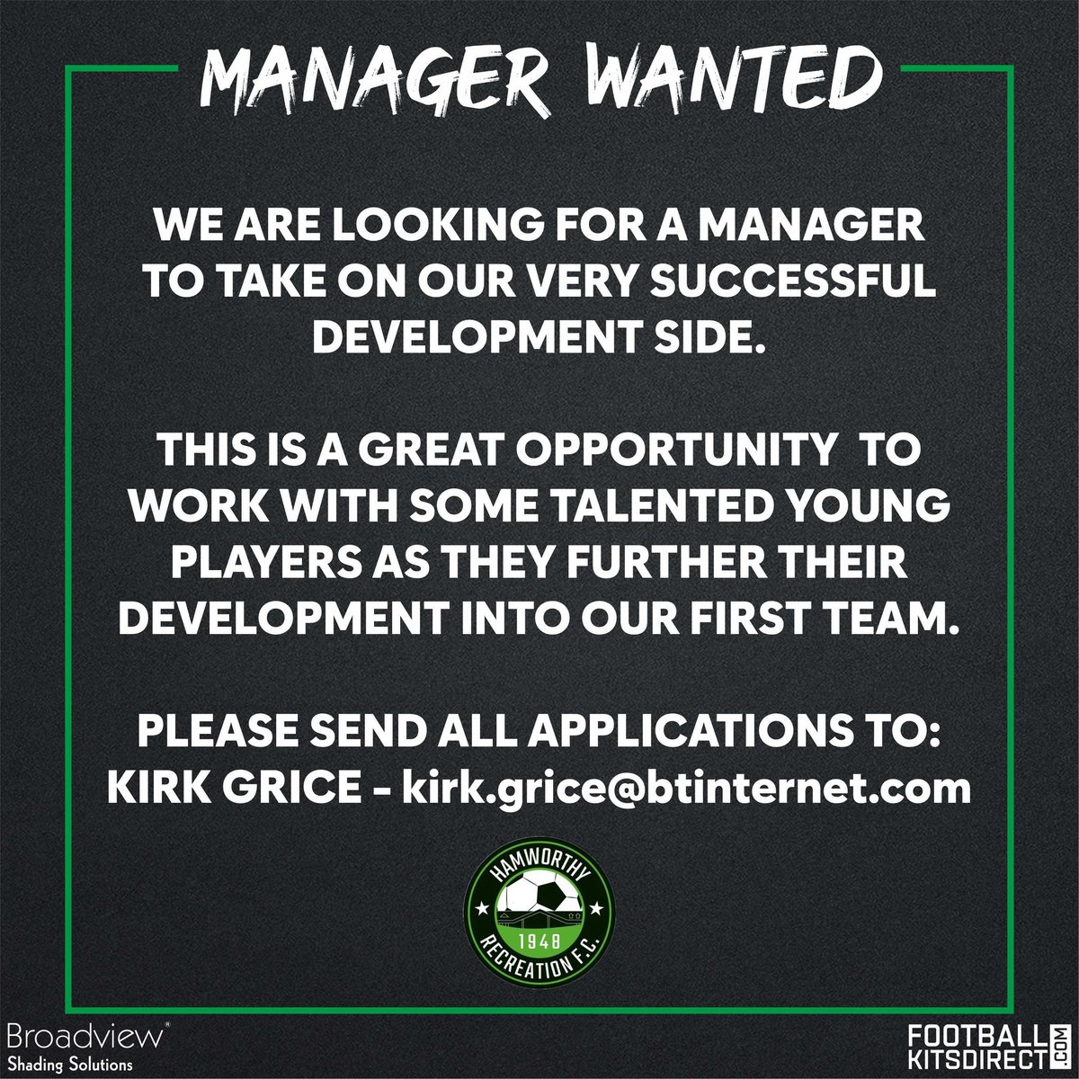 MANAGER WANTED | ⚽️

We are currently looking for a manager to take on our development side. 

Please send all applications to:
kirk.grice@btinternet.com