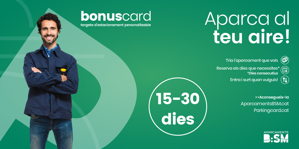 AparcamentsBSM's tweet photo. 🅿 Et cal aparcar temporalment en un lloc concret de Barcelona? 

✅ Entra-i-surt quan vulguis de l'aparcament escollit amb la targeta #BonusCard per 15 o 30 dies consecutius.

📅 Planifica la teva mobilitat amb #AparcamentsBSM #BSMBonusCard 

Mira aquí 👉 https://t.co/1gfUW2qAHY https://t.co/Spo7fAThZz