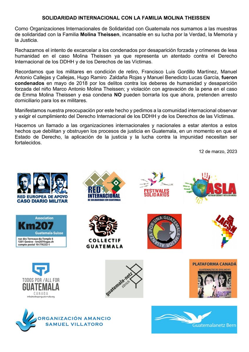 #DiarioMilitar #Guatemala #CasoMolinaTheissen 
SOLIDARIDAD INTERNACIONAL CON LA FAMILIA MOLINA THEISSEN
Como Organizaciones Internacionales de Solidaridad con Guatemala nos sumamos a las muestras de solidaridad con la Familia Molina Theissen.