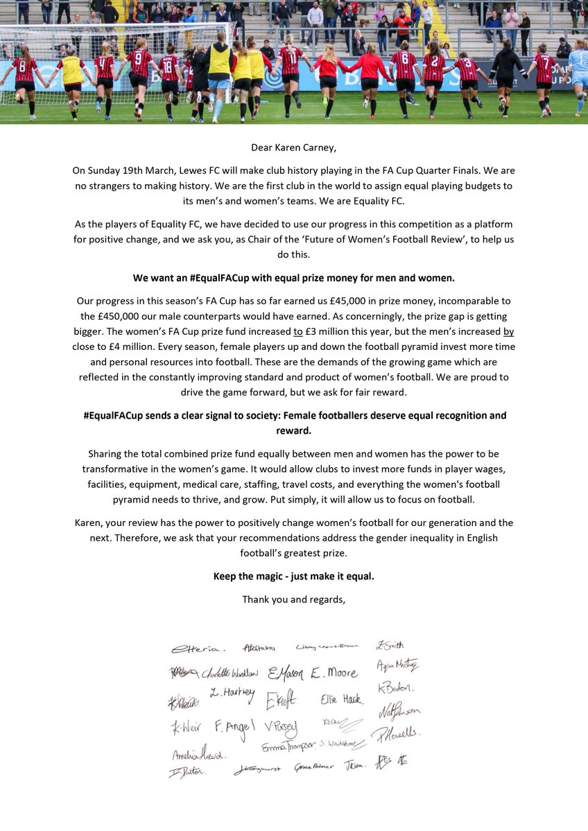 "𝗞𝗲𝗲𝗽 𝘁𝗵𝗲 𝗺𝗮𝗴𝗶𝗰 - 𝗷𝘂𝘀𝘁 𝗺𝗮𝗸𝗲 𝗶𝘁 𝗲𝗾𝘂𝗮𝗹."

An open letter from the players of Lewes FC...⤵️ #EqualFACup