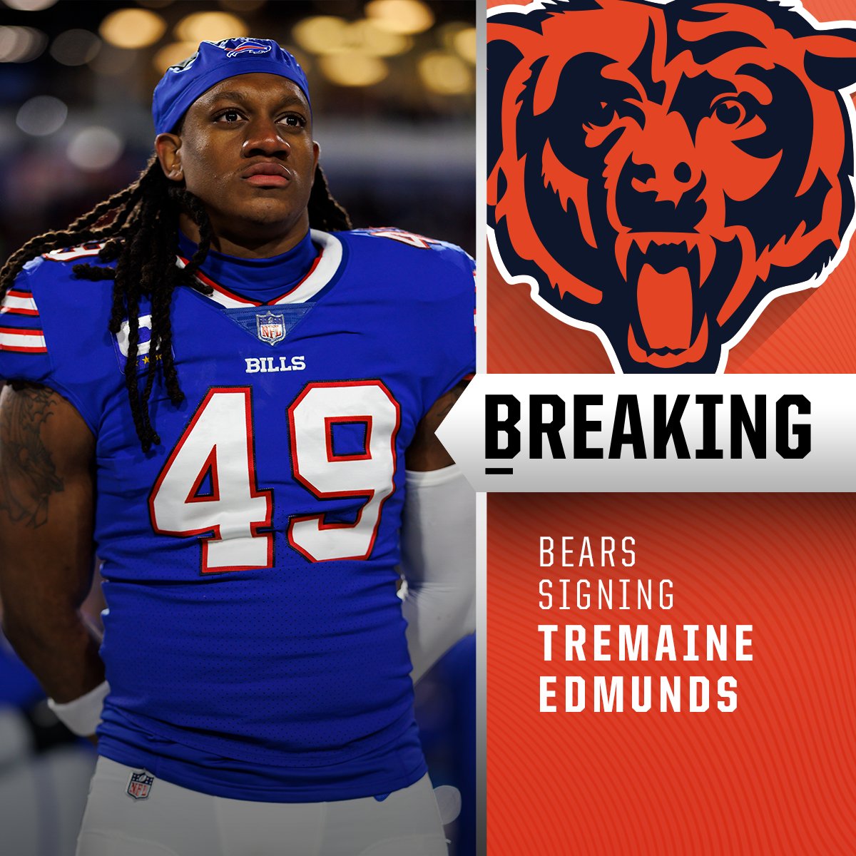 Bears signing LB Tremaine Edmunds to 4-year, $72M deal with $50M guranteed. (via @RapSheet)