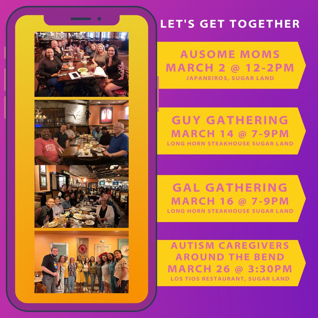 AparaAutism's tweet image. Join @Hope_for_three on March 14th &amp;amp; 16th for a Guys and Gals Gathering! This will be a fun event where caregivers get together for networking, new friendships, and shared conversation!

Continued...

#HopeForThree #apara #autismcenter #caregivers #event