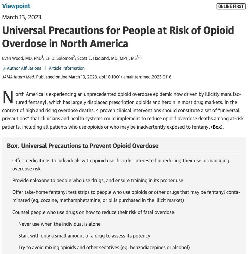 Scott Hadland, MD (@drscotthadland) on Twitter photo We wrote this new piece in <a href="/JAMAInternalMed/">JAMA Internal Medicine</a> to list the things that ALL clinicians can do when they're worried about a patient's risk for opioid overdose. Offer:
1. Addiction treatment
2. Narcan
3. Fentanyl test strips
4. Counseling to reduce OD risk
Link: tinyurl.com/3nuc6hpy We wrote this new piece in <a href="/JAMAInternalMed/">JAMA Internal Medicine</a> to list the things that ALL clinicians can do when they're worried about a patient's risk for opioid overdose. Offer:
1. Addiction treatment
2. Narcan
3. Fentanyl test strips
4. Counseling to reduce OD risk
Link: tinyurl.com/3nuc6hpy