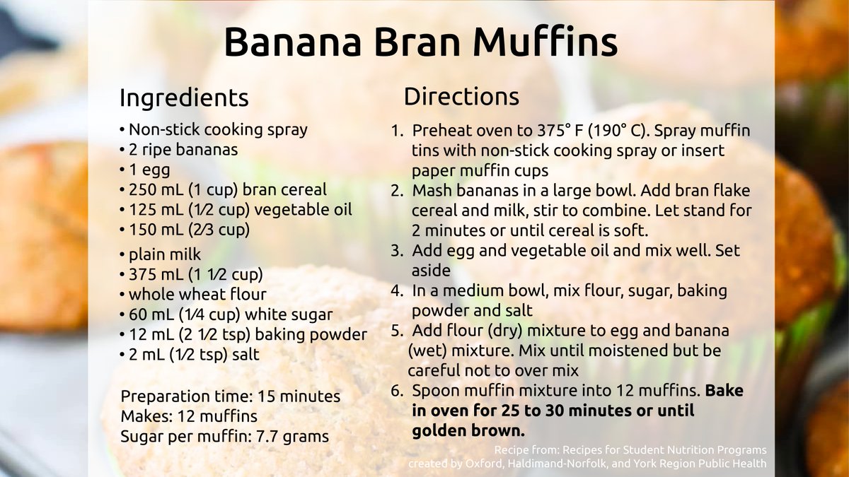 Looking for a student nutrition program friendly recipe to use up those ripe bananas?🍌 Look no further! Check out this recipe from "Recipes for Student Nutrition Programs" created by Oxford County Public Health, Haldimand-Norfolk Health Unit, and York Region Public Health.