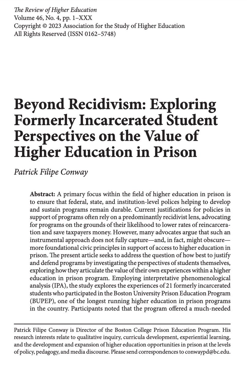 RHE_ASHE's tweet photo. Just dropped! Ahead of print article by Dr. @PFConway30, "Beyond Recidivism: Exploring Formerly Incarcerated Student Perspectives on the Value of Higher Education in Prison," Read article here: https://t.co/eh24GqS2GU https://t.co/5hwIUkG4lc