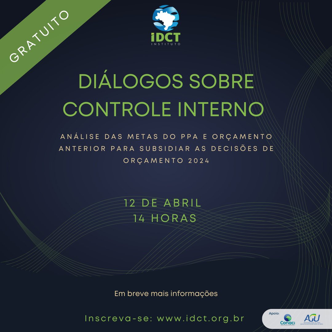 idctinstituto's tweet photo. 🔜 Você não pode perder o próximo "Diálogos sobre Controle Interno"!
📲 O evento vai acontecer no dia 12 de abril e você pode garantir sua inscrição no link: https://t.co/Z5Cfz73Md1
📚 O tema é Análise das Metas do PPA e orçamento anterior para subsidiar as decisões de 2024. https://t.co/Tp5NuHzYEh