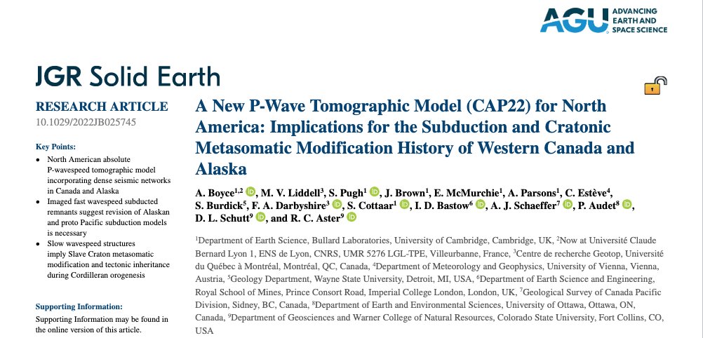 (1/3) 📜 #NewPaperAlert in @theAGU JGR-SE - new CAP22 P-wave tomographic model of North American mantle 🌎

doi.org/10.1029/2022JB…

We discuss: #Subduction 🌋, #Cratons, #Orogenesis ⛰️ & #Alaska formation

#Seismology #OpenAccess