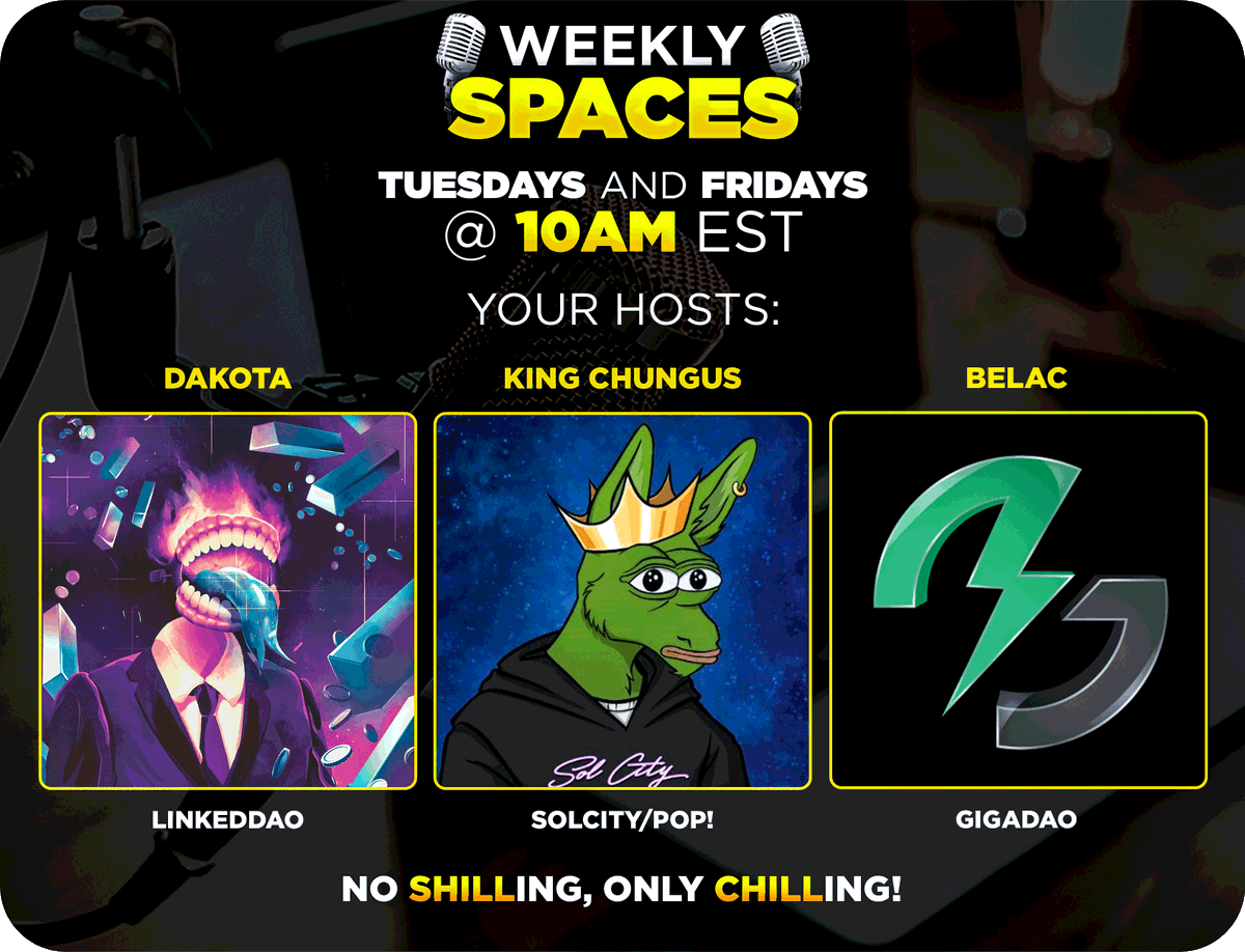 🚨Taco Tuesdays!

1⃣Like + RT
2⃣Set reminder for the Spaces
3⃣Tag someone you want to hear next week! 👇

@GigaDAOio
<a href="/Dakota_Hii/">Sol_Dako⛓️</a>
@LinkedDao
<a href="/SCPokerClub/">Sol City DAO</a>
<a href="/PopRoyaleNFT/">POP! 🎈 (Solana's First Auto-Battle PvP Game)</a>
<a href="/atadia_io/">Atadia: Enabling Web3 Analytics</a> 
<a href="/puppetatadia/">Puppet | Atadia.io</a>