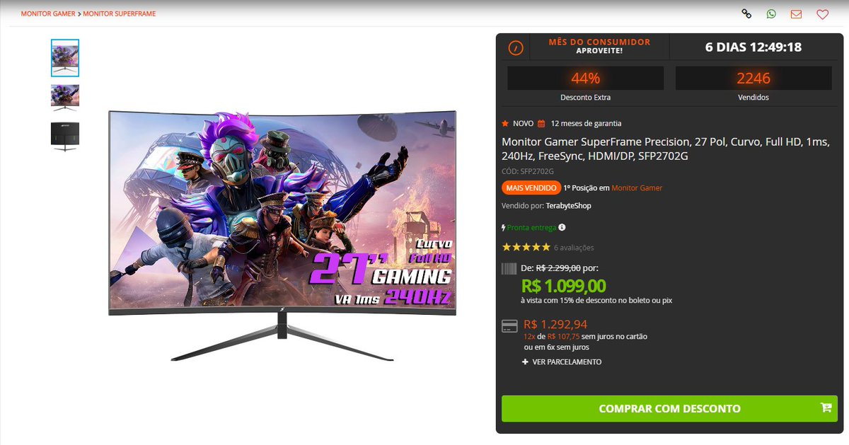 PromoLinkBR's tweet photo. 🖥️ Monitor Gamer SuperFrame Precision, 27 Pol, Curvo, Full HD, 1ms, 240Hz, FreeSync, HDMI/DP
🏷 por R$ 1.099,00 à vista com 15% de desconto no boleto ou pix
🏷 ou 12x de R$ 107,75 sem juros
👉Acesse: https://t.co/0ryRKDTHKv
🛒 Loja: Terabyte
#promogamer #SuperFrame #Monitor https://t.co/fMnwmoDCV1