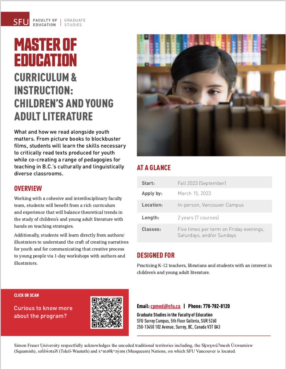 KMForres's tweet photo. Just a few days left to apply for this great new MEd in in Children's Literature @sfueducation . Awesome people, including Dr. Elizabeth Marshall, are putting this new program together! Evening/weekend classes. Workshops with authors/illustrators. PLEASE SHARE :)
@Ch_Lit_News https://t.co/nvktvGTDIK