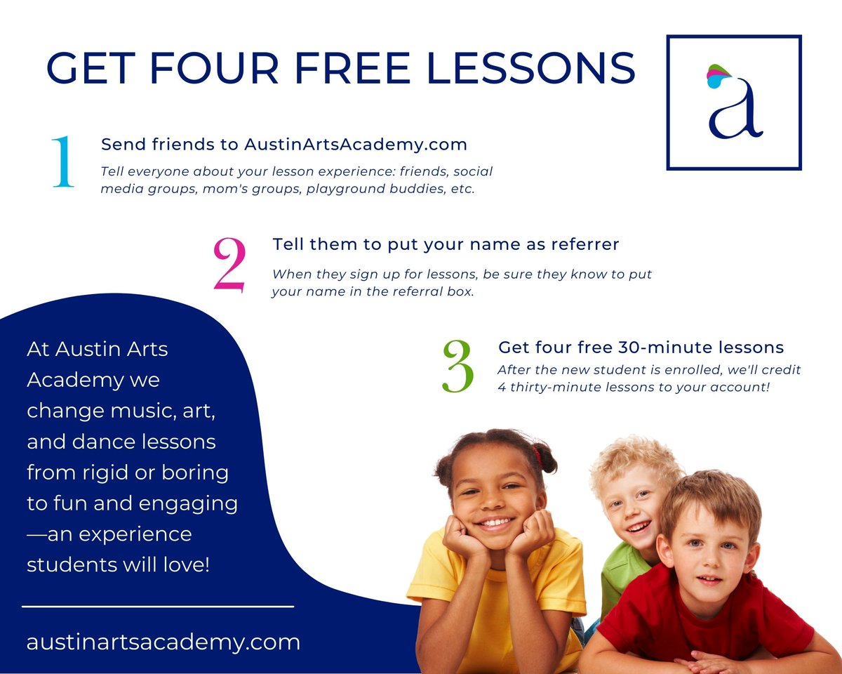 As our students, you have an ongoing opportunity to get free lessons. The more you refer, the more free lessons you'll get!

#pianolessons  #atx #austinlife #austinmoms #musiclessons #dancelessons #artlessons #violinlesson #drumlesson #oboelesson #flutelesson #fluteplayer