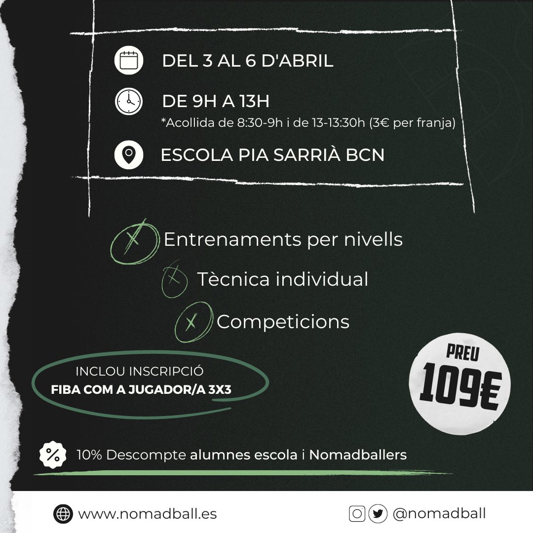 🗣️ Ey 𝗡𝗼𝗺𝗮𝗱𝗯𝗮𝗹𝗹𝗲𝗿𝘀! Estrenem 𝗛𝗨𝗕 amb el nostre Campus de Setmana Santa 3x3! 

🗓️ Del 3 al 6 d’Abril
⌚️ De 9h a 13h
📍 Escola Pia Sarrià

➡️ Entrenaments per nivells
➡️ Tècnica individual
➡️ Competicions
➕ Premis i sorpreses! 

A què esperes? 😏

#nomadball squad