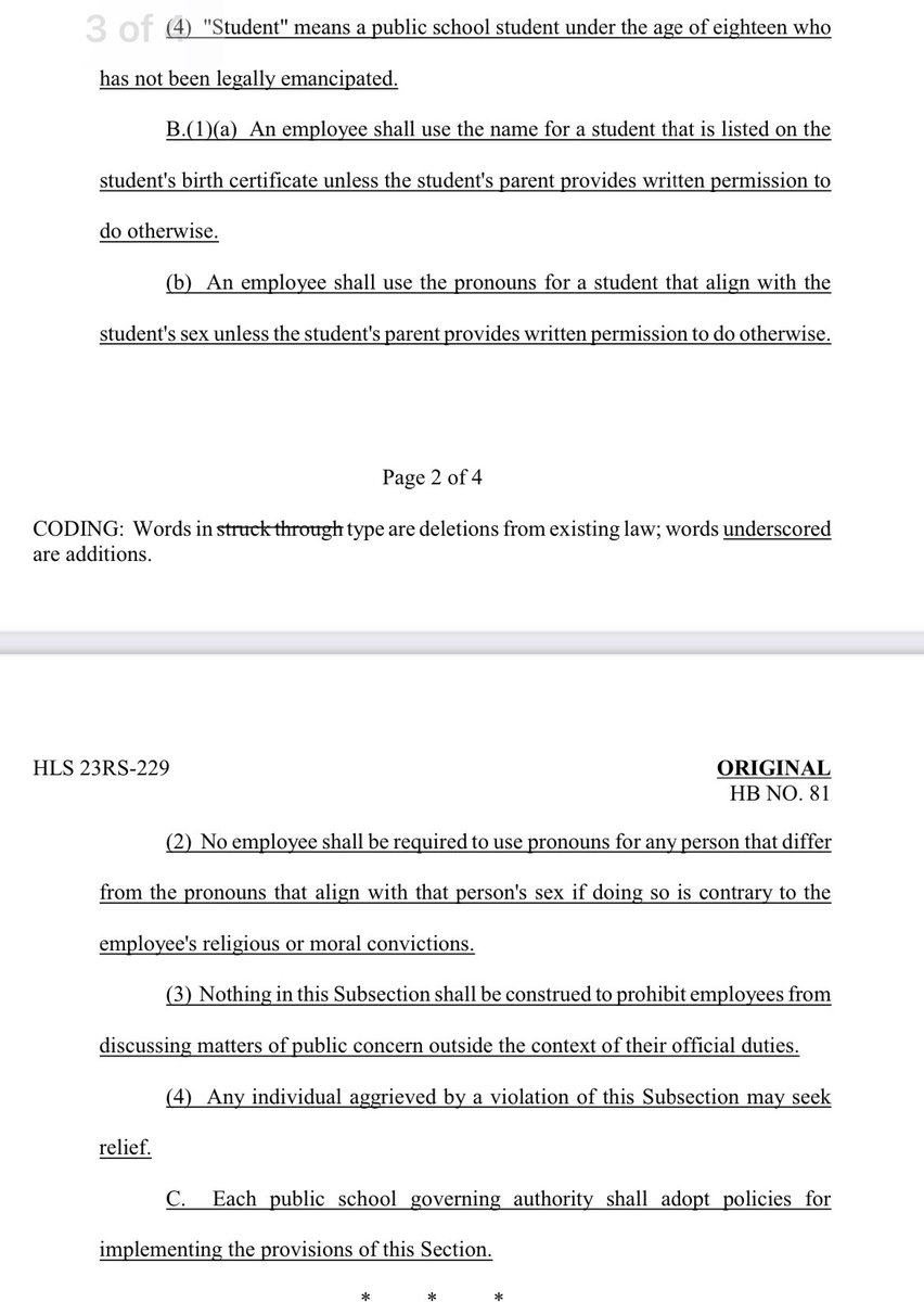 Rep. <a href="/raymondcrewsla/">Raymond Crews</a> has prefiled a bill that would forbid school employees from using a student’s preferred name/pronouns if they differ from what’s on their birth certificate without parental permission. It would would also allow them to refrain for religious reasons #lalege