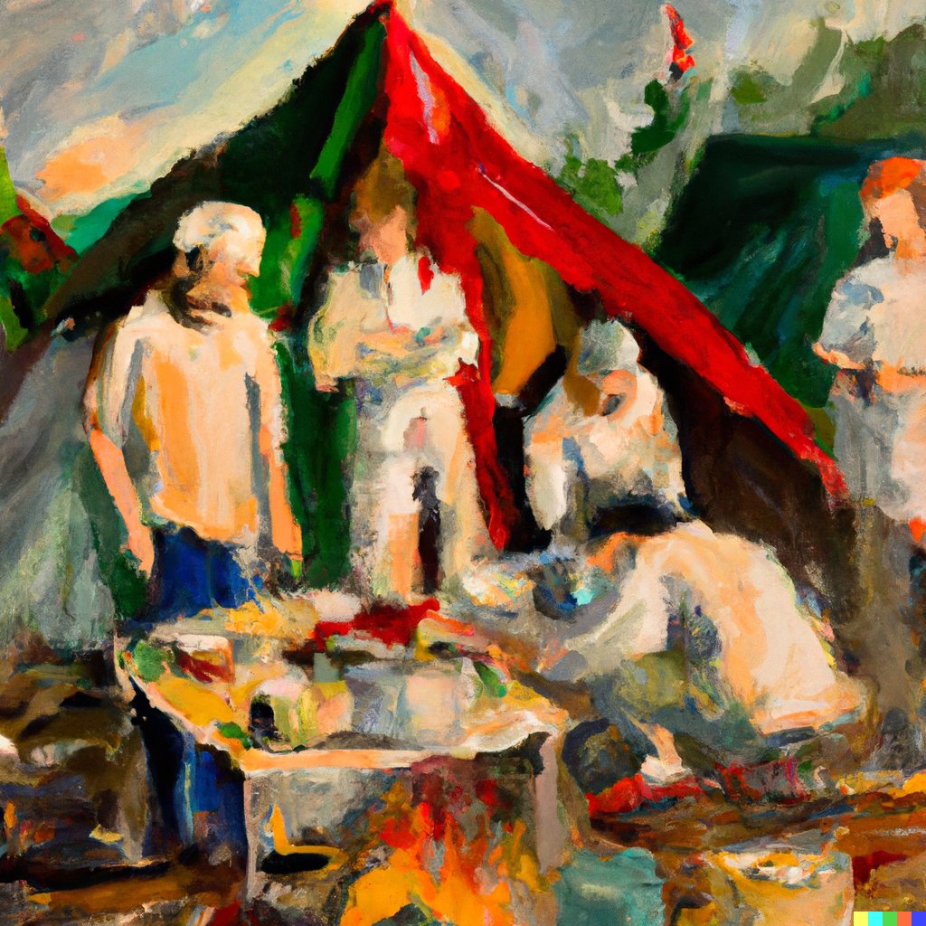gokselucer's tweet photo. oil painting of a volunteer cook cooking for those staying in tents after the earthquake disaster | DALL-E https://t.co/9UxIrUCAtb