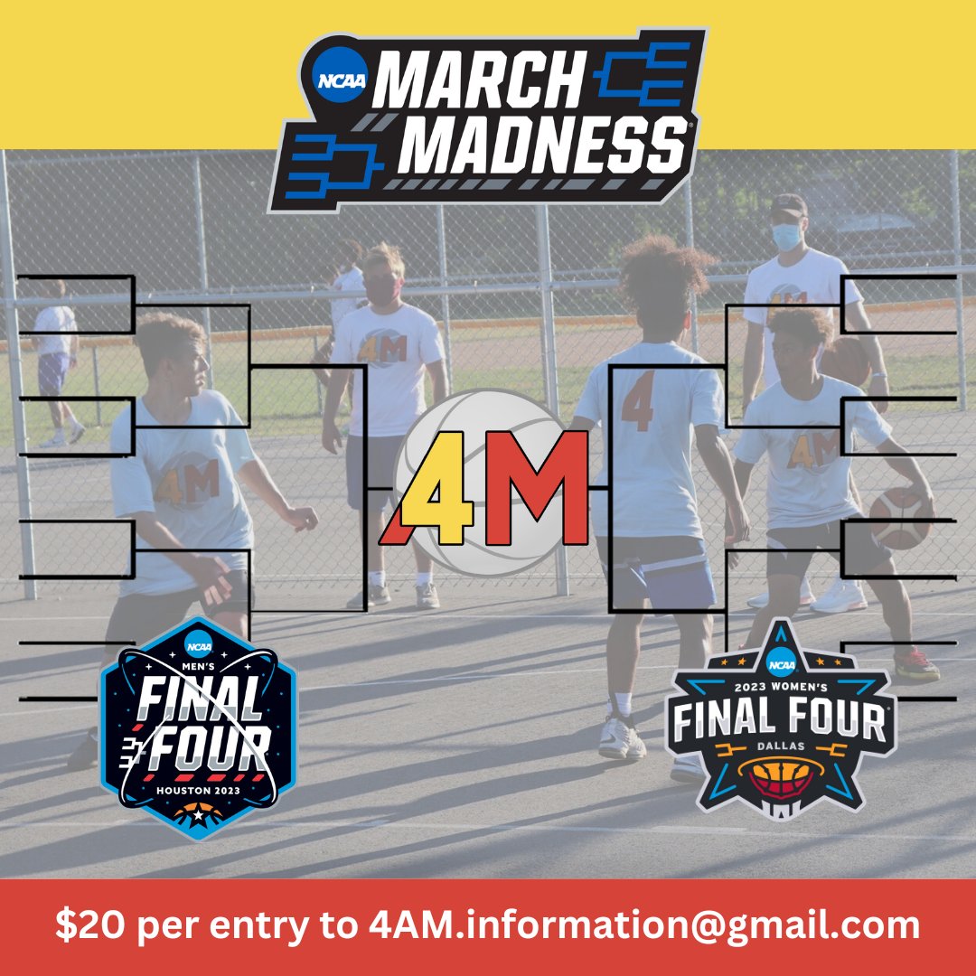 The 4AM Camp (@4am_basketball) on Twitter photo We’re back for another March Madness Pool.
But like the #4AM Camp, this year’s bracket challenge includes BOTH men’s and women’s basketball!
2 brackets, 2 chances at winning, 1 cause: #4AM
Send entry fee to 4AM.information@gmail.com to receive a link to fill out your brackets! We’re back for another March Madness Pool.
But like the #4AM Camp, this year’s bracket challenge includes BOTH men’s and women’s basketball!
2 brackets, 2 chances at winning, 1 cause: #4AM
Send entry fee to 4AM.information@gmail.com to receive a link to fill out your brackets!