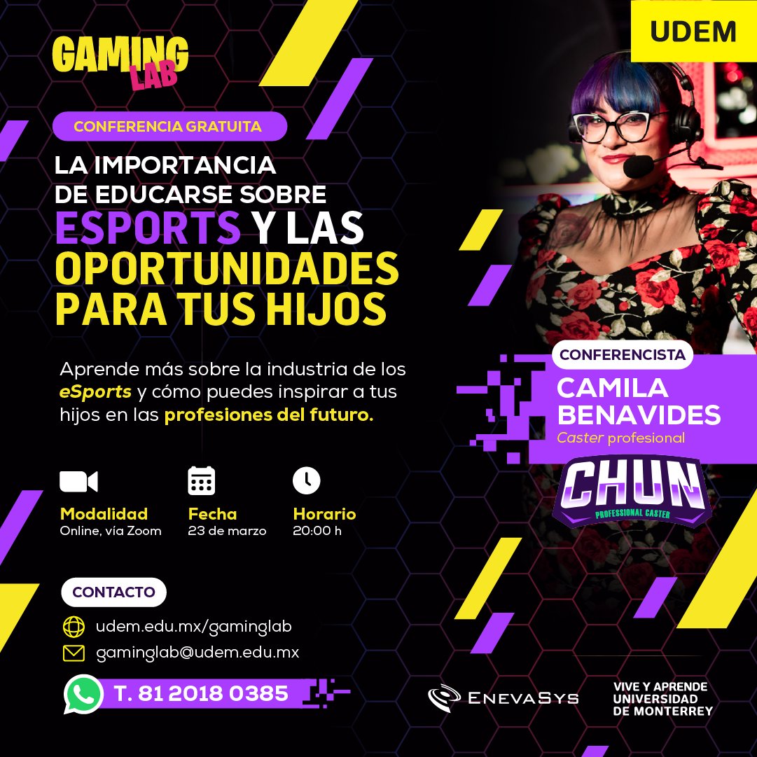 adribejarano's tweet photo. ¿Tienes hijos gamers🎮?  #GamingLabUDEM te invita a la CONFERENCIA GRATUITA vía zoom: "La importancia de educarse sobre los #eSports y las oportunidades para tus hijos", impartida por Camila Benavides @Chunilda Registra tu asistencia aquí: https://t.co/RIVsuUL5oR https://t.co/16wCk3aIPQ
