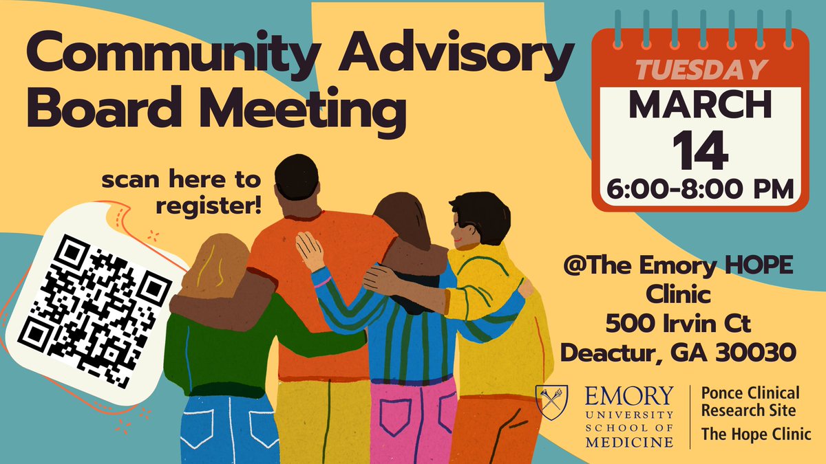 Come join us at our Community Advisory Board Meeting TOMORROW from 6-8pm Available via ZOOM! Let your voice be heard!! Please register below:
eventbrite.com/e/emory-ponce-…
#hivawareness #stiawareness