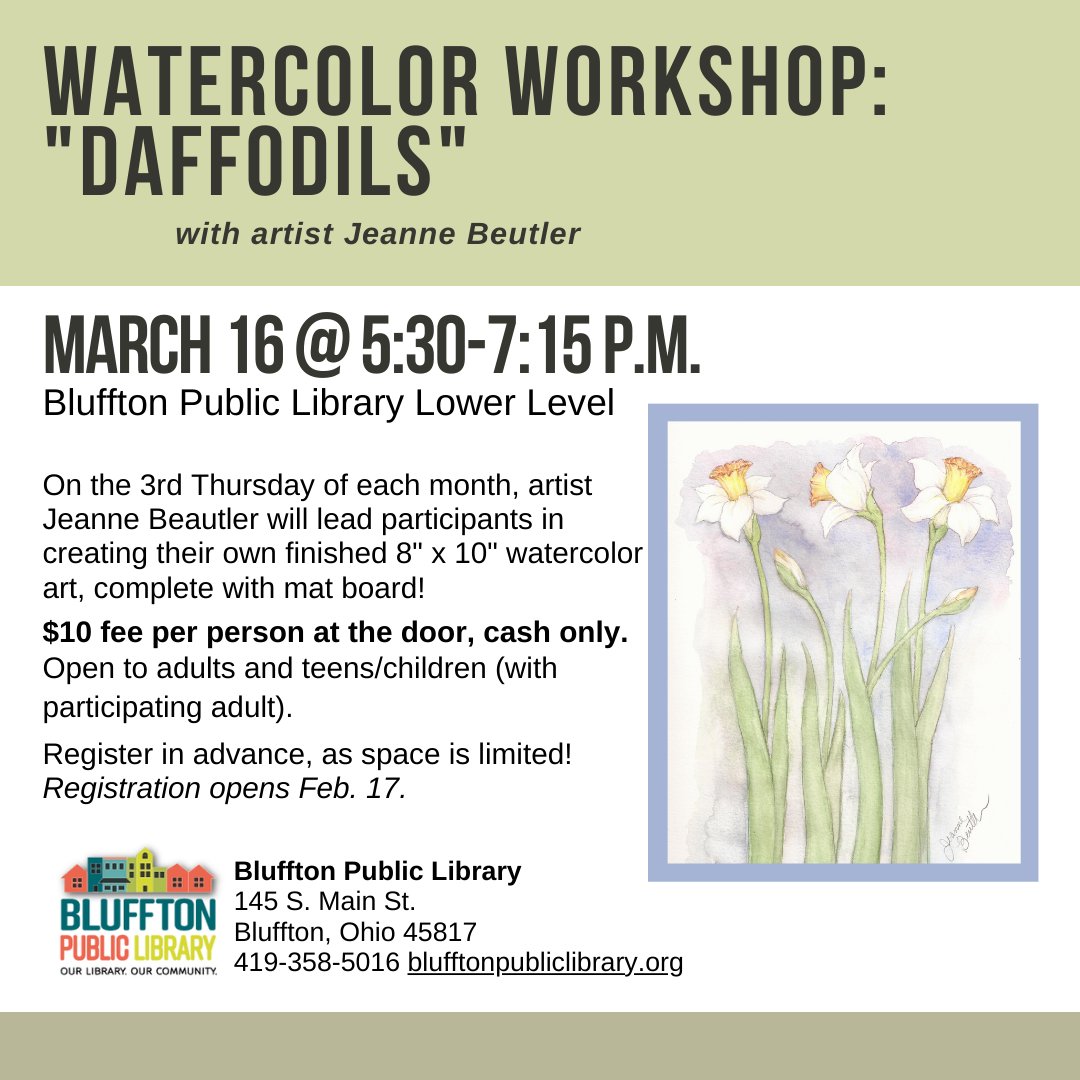 blufftonohlib's tweet photo. There are still a few open spots available for this Thursday's Watercolor Workshop: Daffodils! 
Call or stop by the library to register and secure your seat(s)! https://t.co/iXMKJpDQDs