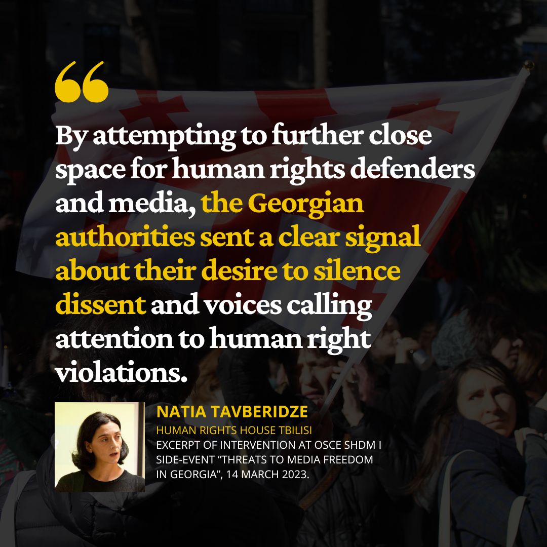 Natia Tavberidze speaking today at our <a href="/OSCE/">OSCE</a> #SHDM Side Event "Threats to media freedom in Georgia: The draft 2023 foreign influence law".

<a href="/hrhtbilisi/">HRH Tbilisi</a>