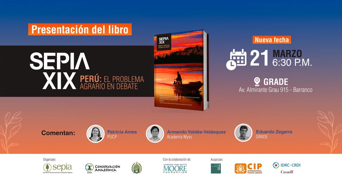 GRADE (@gradeperu) on Twitter photo Martes 21 marzo. Presentación del libro de <a href="/SEPIArural/">SEPIA</a> "#SepiaXIX - Perú: El problema agrario en debate". Comentan: Patricia Ames <a href="/pucp/">PUCP</a>, Armando Valdés-Velásquez <a href="/Wyss_for_Nature/">Wyss Academy for Nature</a> y <a href="/EZegarra3/">Eduardo Zegarra</a> GRADE. Auditorio de GRADE. Ingreso libre. Transmisión en vivo en el Facebook de SEPIA. Martes 21 marzo. Presentación del libro de <a href="/SEPIArural/">SEPIA</a> "#SepiaXIX - Perú: El problema agrario en debate". Comentan: Patricia Ames <a href="/pucp/">PUCP</a>, Armando Valdés-Velásquez <a href="/Wyss_for_Nature/">Wyss Academy for Nature</a> y <a href="/EZegarra3/">Eduardo Zegarra</a> GRADE. Auditorio de GRADE. Ingreso libre. Transmisión en vivo en el Facebook de SEPIA.