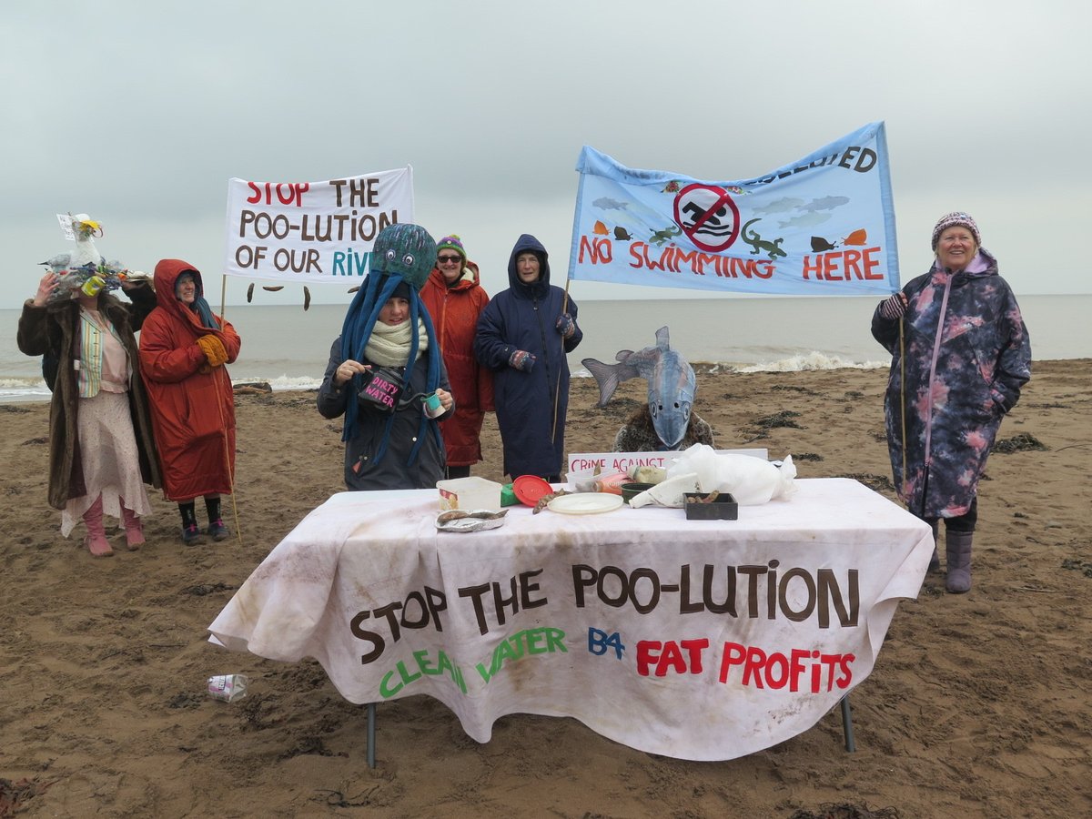 Would you like some poo with your #dirtywater tea? No? But that's all we've got in our waterways! XR Wiveliscombe & the Blue Tits braved the cold on Minehead beach this weekend to highlight the plight of our seas #ourtroubledrivers #saveourseas #saveourwaterways @Feargal_Sharkey