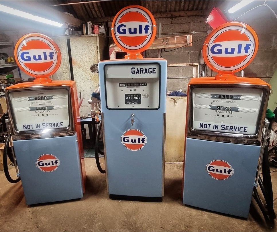 Latest client commission completed for a garage development in Kent. The original pumps from the forecourt restored and returning for a life of retirement on display.