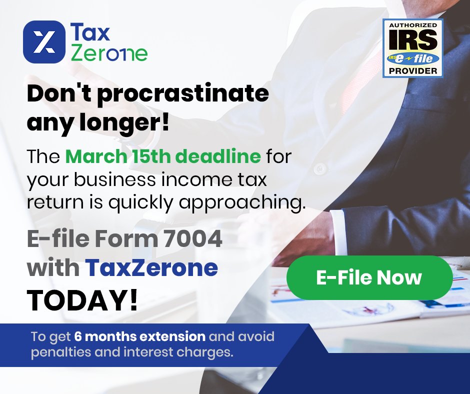 TaxZeroneUS's tweet photo. Don't procrastinate any longer! The March 15th deadline for your business income tax return is quickly approaching.
https://t.co/fgVeIo7HGF
#form7004 #irsform #irsextension #businesstax #businesstaxextension #business #tax #smallbusiness #businessowner #extensions #taxreturns https://t.co/u8GirmNdXR