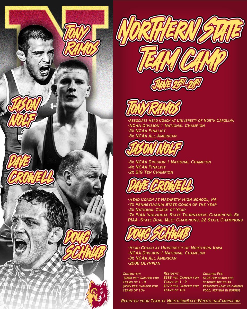 nsuwolves_wr's tweet photo. We are excited to announce our lineup for team camp this summer! 
⬇️You can signup below ⬇️ 
https://t.co/CONCcC6AOU
Can’t wait to see you in Aberdeen,SD this June! https://t.co/26JmbVuCt4