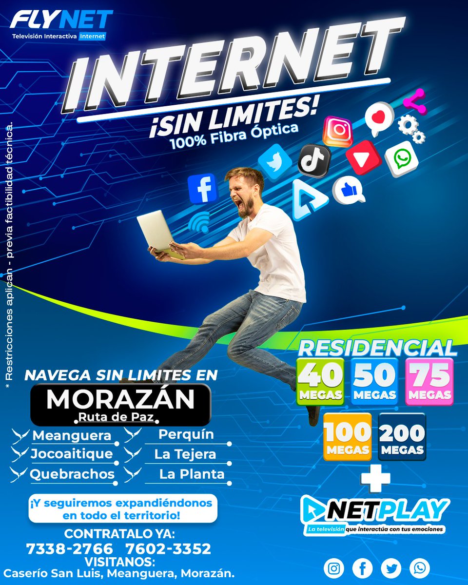 flynetsv's tweet image. Ahora en #Morazán Ruta de Paz, #Flynet te trae el mejor internet SIN LIMITES con #Fibraóptica

Disfruta del mejor contenido con #Netplay + #Internet de fibra óptica con la conexión más estable e internet de alta calidad. 💯
-Solicítalo al: 2651-0461, 2651-0460