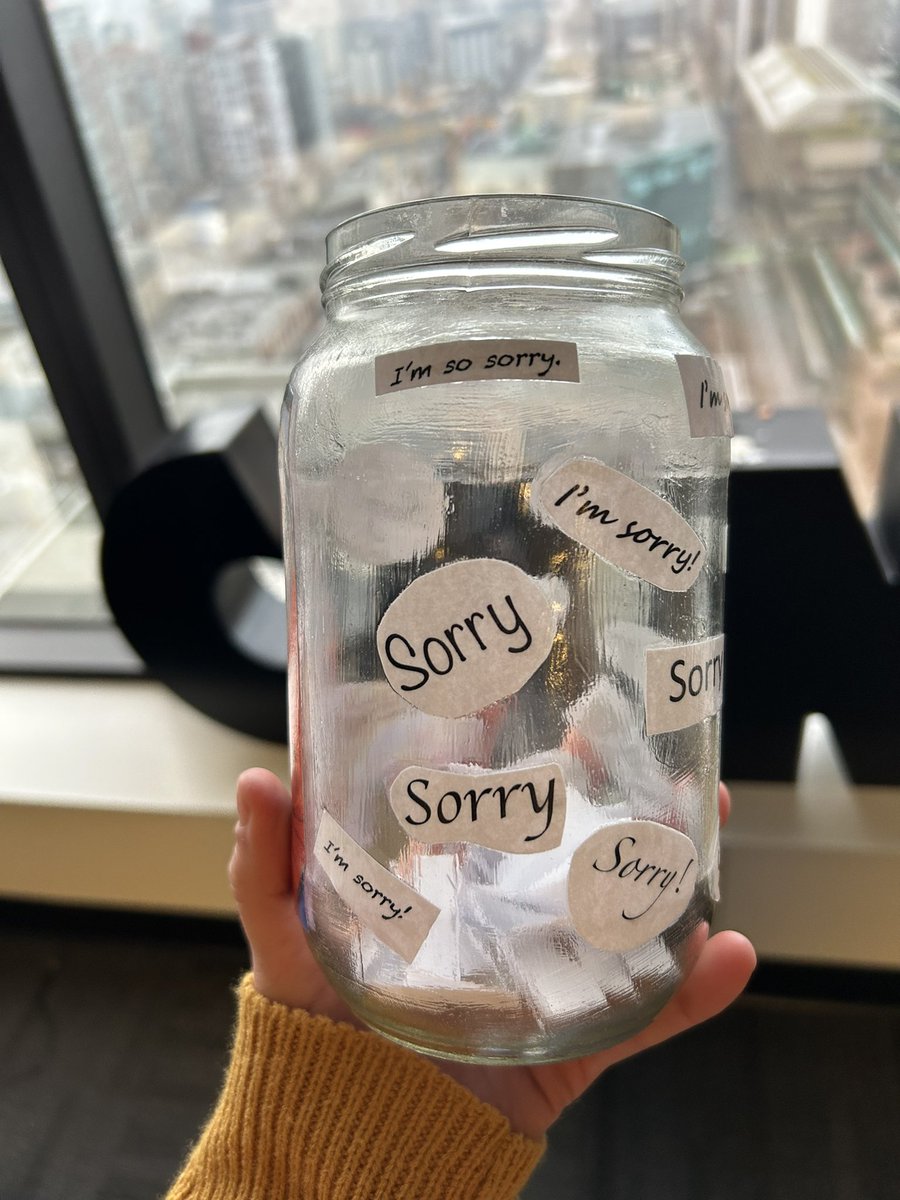 Looking to rehabilitate your office’s serial apologizer? Look no further, because <a href="/jillreports/">Jill Bennett</a> and @simisara980 created a foolproof solution! A sorry jar filled with tasks to accomplish every time they apologize. I am both flattered and terrified to be chosen as test subject N1.