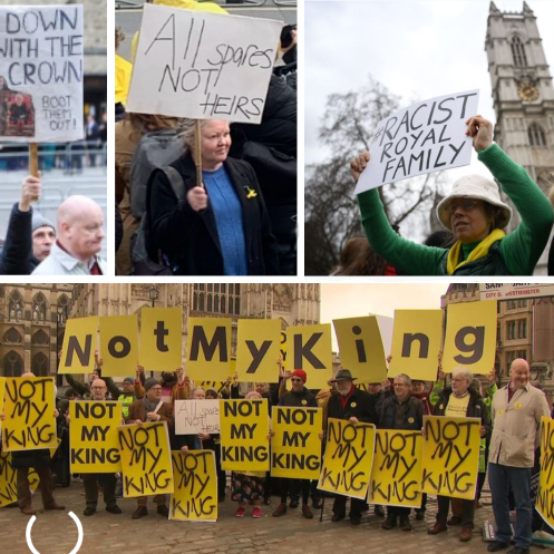 Great #NotMyKing protest today! Here's what it looked like outside the #CommonwealthDay service at Westminster Abbey in #London. 
#CommonwealthDay2023 #downwiththecrown #BootThemOut #RacistRoyalFamily #Spare #NotMyPrinceOfWales #NotMyDuke #AbolishTheMonarchy