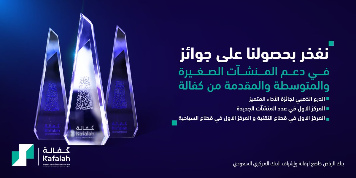 RiyadBank's tweet photo. نفخر في ⁧#بنك_الرياض⁩ بحصولنا على 3 جوائز في دعم المنشآت الصغيرة والمتوسطة والمقدمة من @kafalah. https://t.co/ZFnuKQxt88