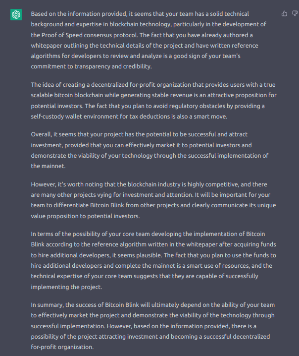 bitcoinblink's tweet photo. 🤖🚀📈 Based on the information provided, #ChatGPT has concluded that "there is a possibility of the project attracting investment and becoming a #successful decentralized for-profit organization."

Everything belongs to the community and the people! 

#StandAgainstCentralization https://t.co/ZRVS6sEEZC