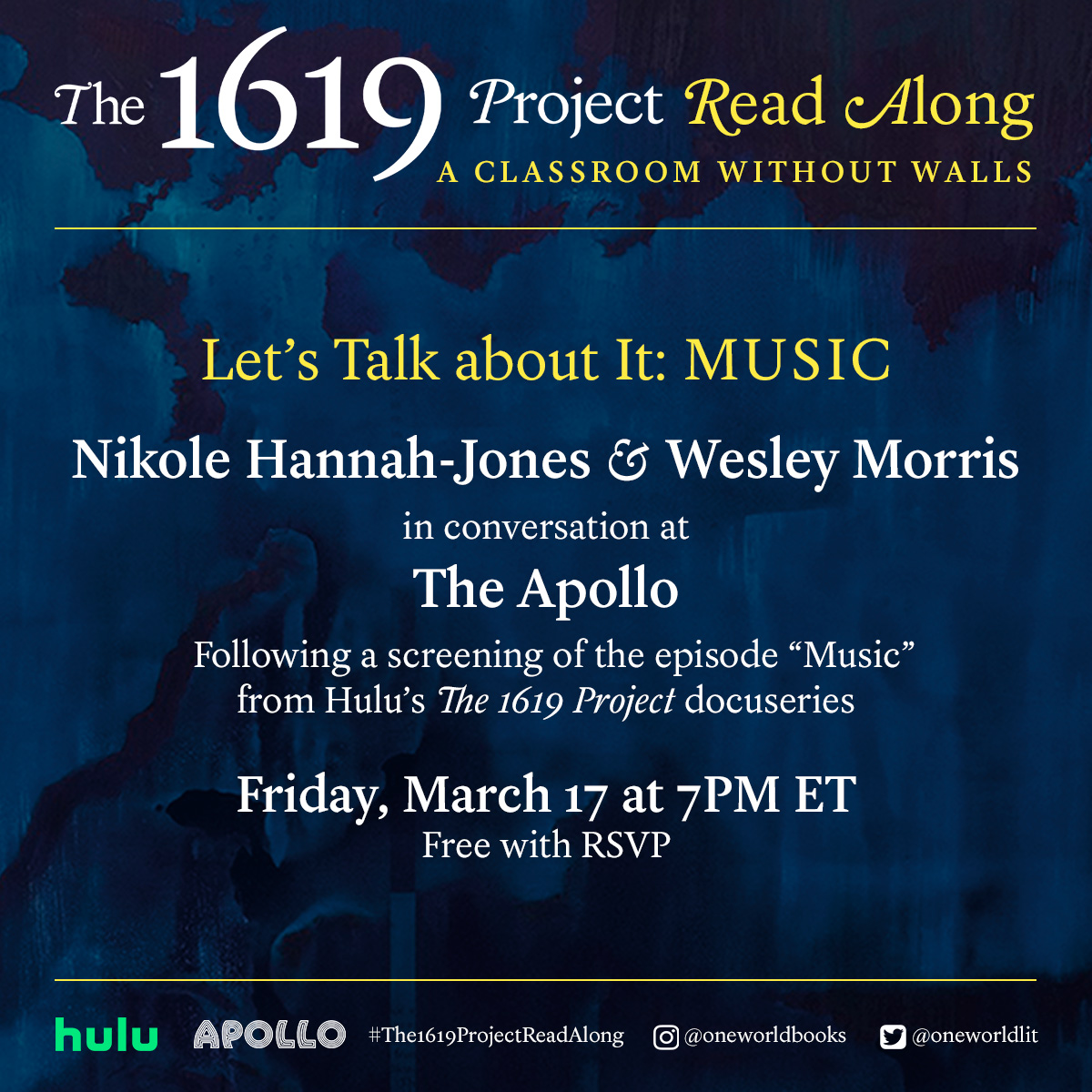 randomhouse's tweet photo. Coming this Friday! Join @nhannahjones and @hulu for a special viewing and discussion of #The1619Project at @ApolloTheater, as part of @OneWorldLit's #The1619ProjectReadalong! Register here: https://t.co/Oy1aWbBdob https://t.co/xPqoKQSrRK