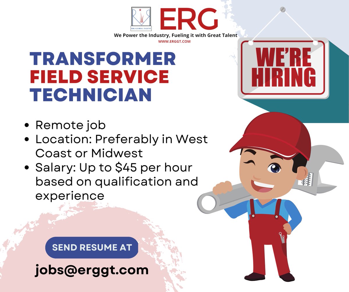 GlobalErg's tweet image. Send your resume at jobs@erggt.com
#transformers #powertransformers #distributiontransformer #fieldservice #fieldservicetechnician #jobsusa #usajobs #technicianjobs #technician #transformersjobs #powerequipment #ergglobaltalent