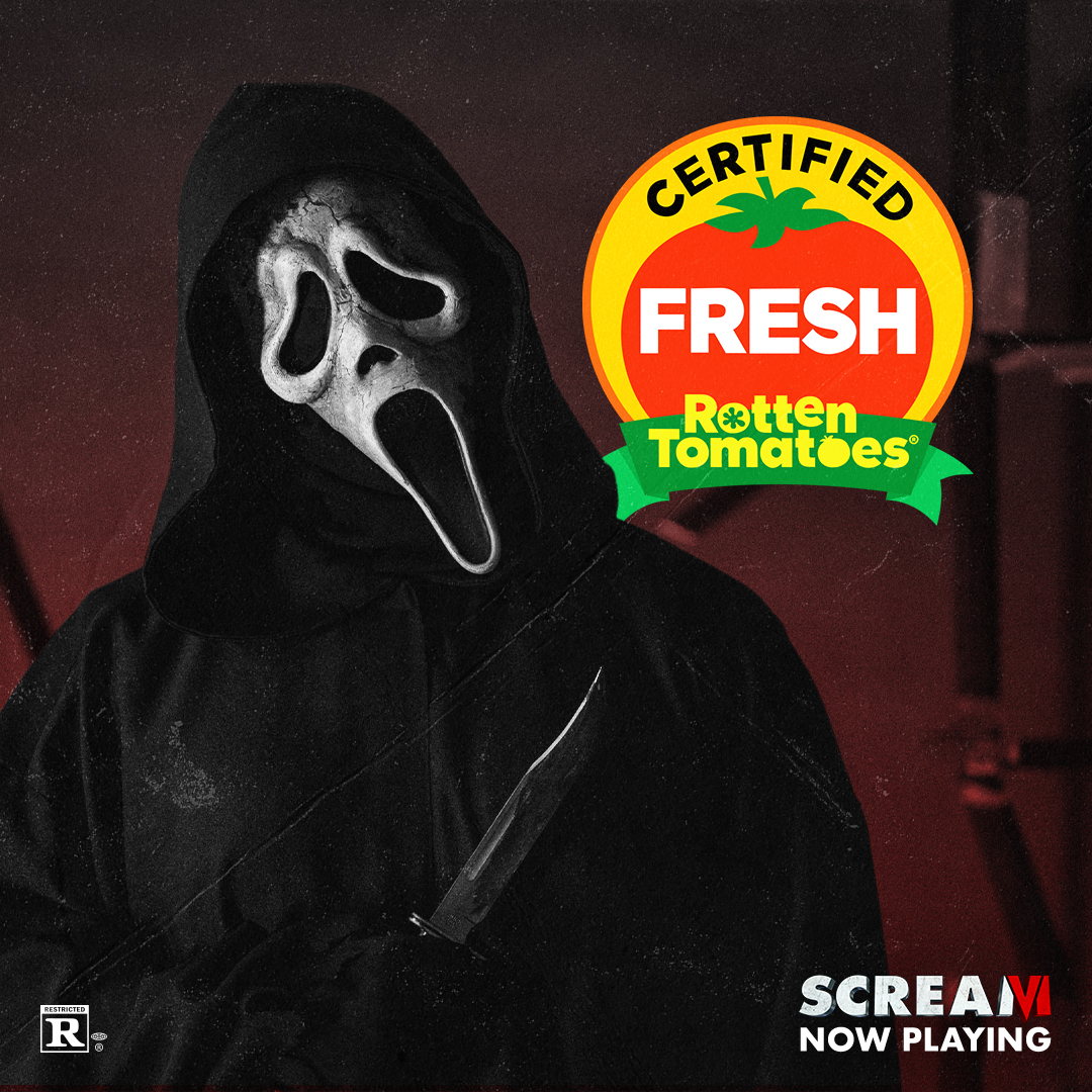 ScreamMovies's tweet photo. Bloody juicy news 🍅: #ScreamVI is #CertifiedFresh on @RottenTomatoes. Get your tickets at https://t.co/8wq978Y3Cr https://t.co/K2ciYhsvmB