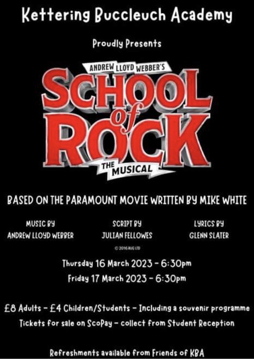 friendskba's tweet photo. Join us at this Thursday and Friday at KBA’s fantastic performance of School of Rock. Don’t forget your pennies for interval refreshments 🎸🎸🎸 https://t.co/dpaQ9wpzwK