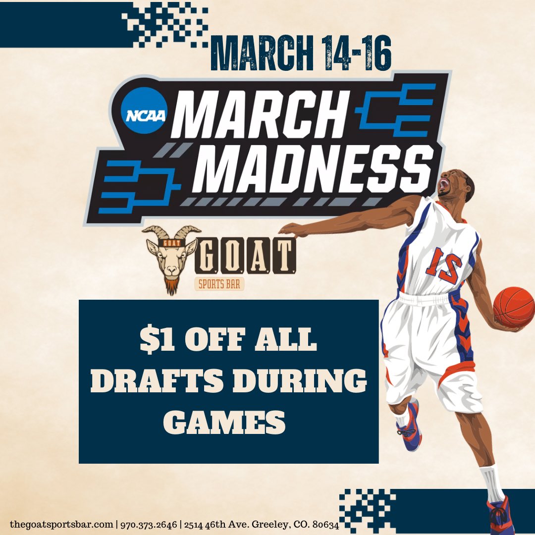 GOATsportsbarco's tweet photo. Let the Madness begin π βΉοΈ Catch all the MARCH MADNESS action at The GOAT Sports Bar! All drafts will be $1 OFF during games.
*offer valid March 14-16th
β’
β’
#ncaa #sportsbar #marchmadness #greeley #greeleylocal #colorado #thegoatsportsbar https://t.co/QQwaEReXvJ