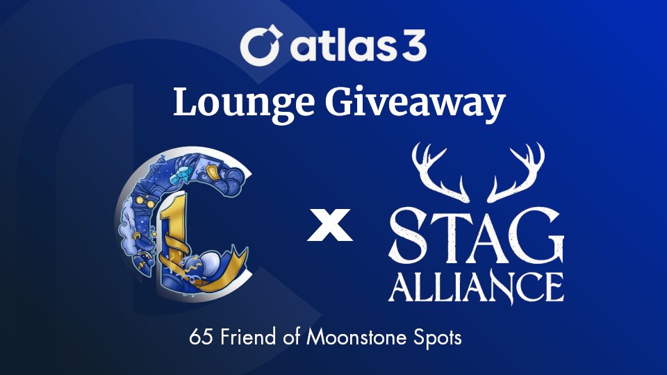 To celebrate our new partnership with Atlas 3, we have created a giveaway at their website! 

65x Friend of Moonstone role for <a href="/StagAlliance/">Stag Alliance | Elderworld</a> ! 

60 on Atlas3 (Link in Server)
5 on Twitter

To qualify:
✅ Follow 
<a href="/Cardano_Lounge/">The Cardano Lounge</a> &amp; <a href="/StagAlliance/">Stag Alliance | Elderworld</a> 
✅ Like and RT
✅ Tag some friend