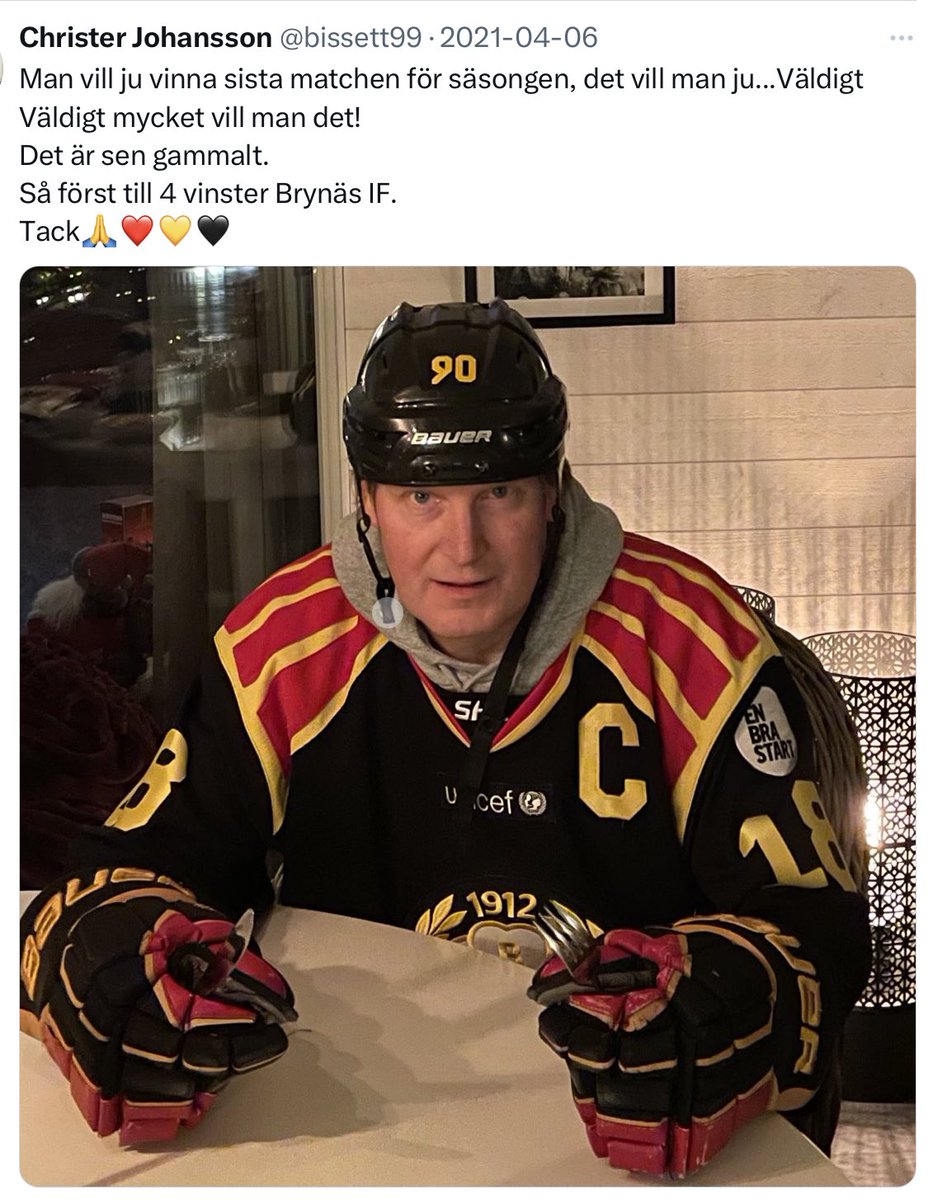 bissett99's tweet photo. Dags att plocka fram Tom Bissett klassiska citat.
(från en gammal tweet det senast var en tuff kvalfinal)
Så först till 4 vinster Brynäs IF.
Tack🙏❤️💛🖤 https://t.co/uZ9avYRwx2