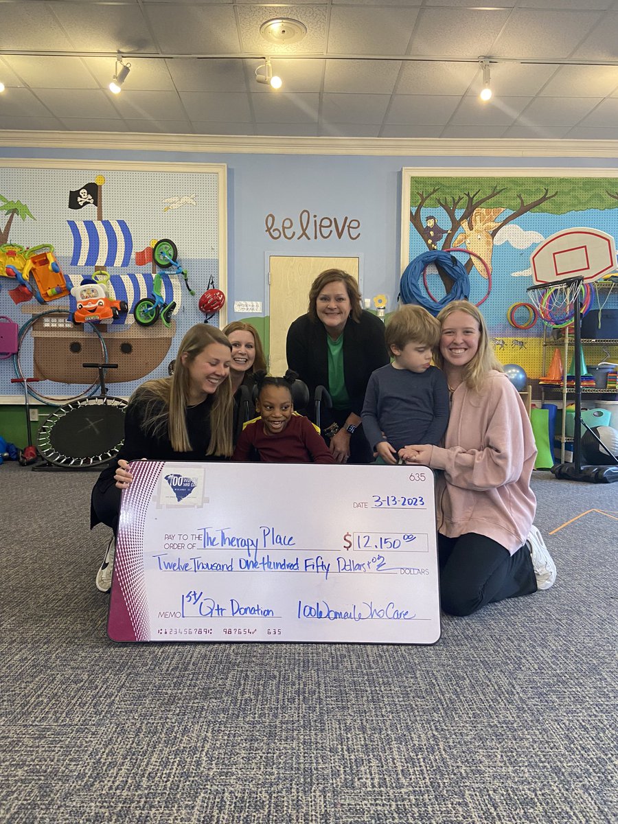 100WWCMidlands's tweet photo. We always vote to support the most deserving non-profits. This quarter was no different. What a special place The Therapy Place, Inc. is. And look at those sweet smiles!  We presented them with $12,150.00 during our check presentation. #thepowerof100 https://t.co/xMhIsd5XVs