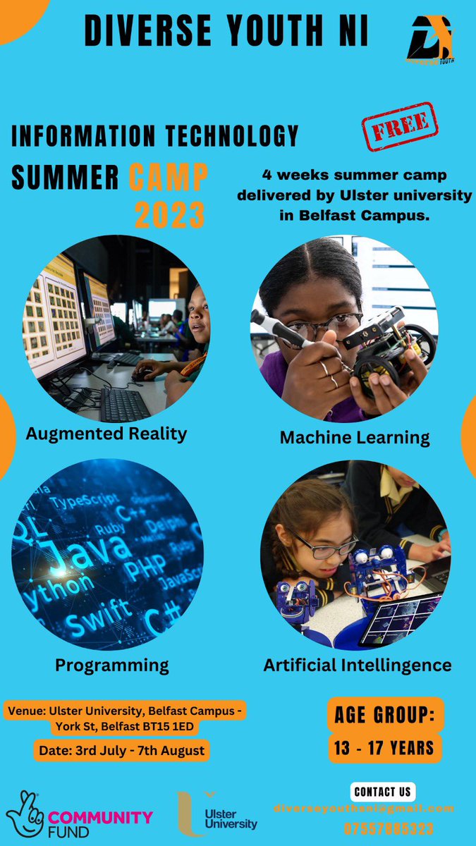 Just want to bring this to our notice. We are partnering with the Ulster University to run a 6 weeks Information Technology Summer Camp for young people from 13 years to 17 years. This will be intense, but fun. Registration link: forms.gle/i2AxfaRn89wH84…