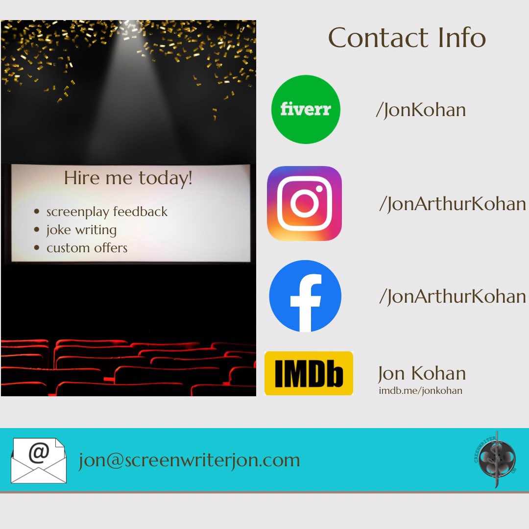 JonKohan's tweet photo. PT2 Hire me for your writing needs. Quality work at great prices. For more information visit my Fiverr page (https://t.co/iiFQIhO1o6)

#screenwriting #screenwriter #forhire #comedy #jokes #scriptfeedback #standupcomedy #fiverr #fiverrreviews https://t.co/0y57Dx7Gf4