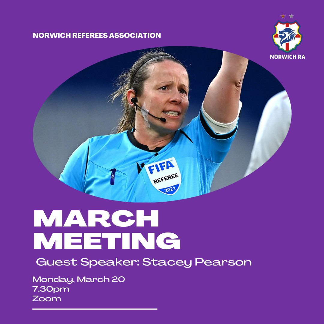 Just three days to go until we host FIFA and Women's Super League referee, and former WSL player, Stacey Pearson, for our March meeting.

📆 Monday, March 20
⏱️ 7.30pm
📌 Zoom
💷 Free to Norwich RA and Norfolk LRA members