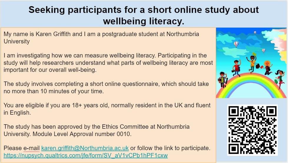 karengriffith's tweet image. If you are UK based and 18+ please take 10 min to complete my survey for my psychology masters investigating wellbeing literacy. Please RT too! #wellbeing #needhelp